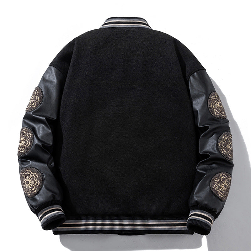Woolen Baseball Uniform Loose Embroidered PU Coat