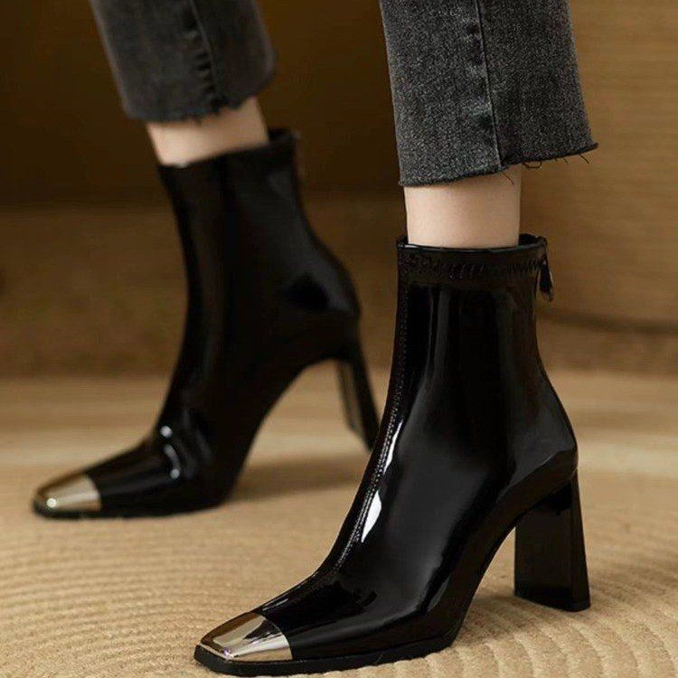 Metal Square Toe High Heel Boots Wild Korean Style