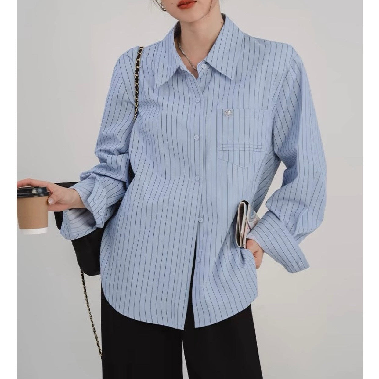 Blue Minimalist Preppy Shirt Women's Loose Slimming