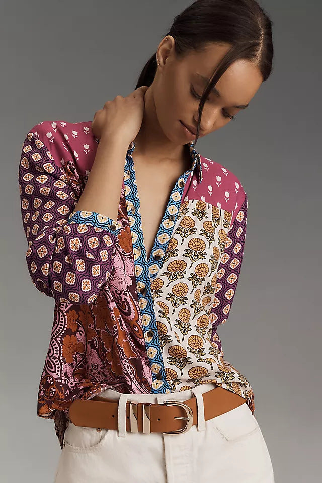 Print Lapel Long Sleeve Shirt Women's