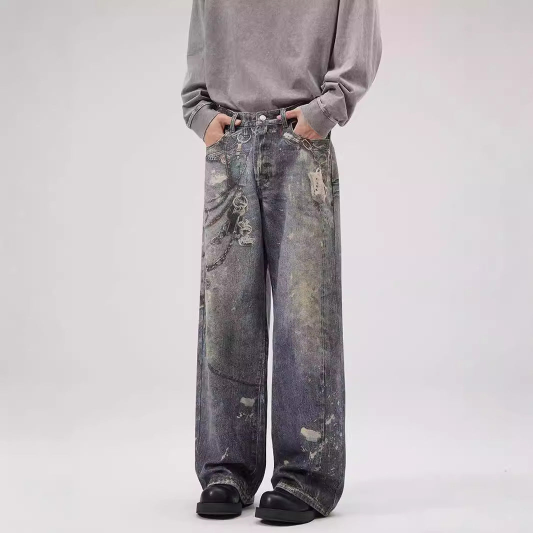 Printed Jeans Men's Loose Straight Personality All-match