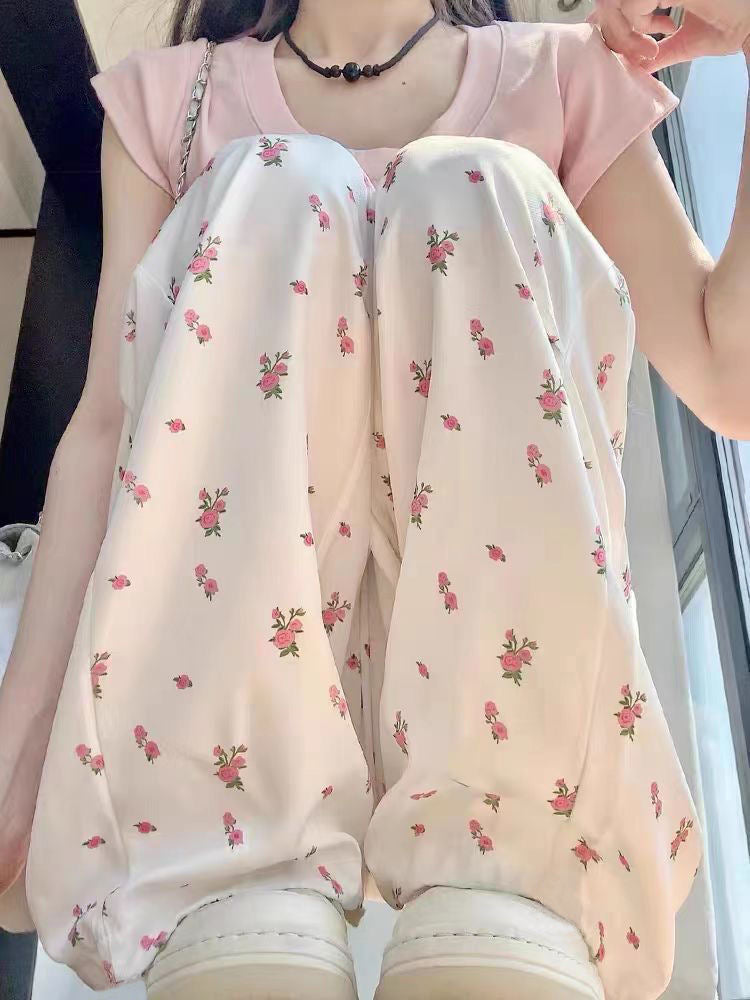 White Floral Overalls Women's Summer High Waist Wide Leg