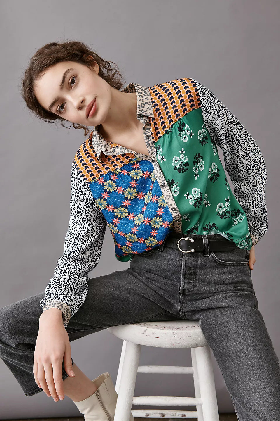 Print Lapel Long Sleeve Shirt Women's
