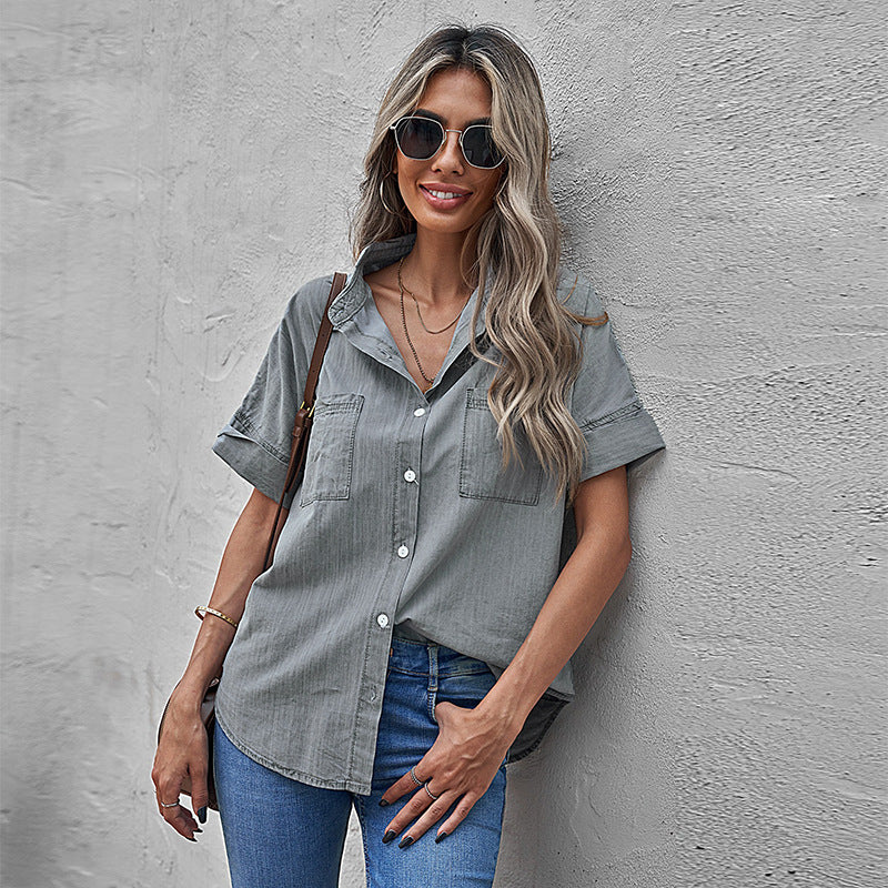 Casual All-matching Lapel Solid Color Simple Shirt