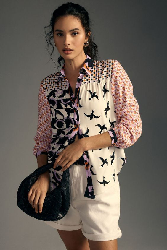 Print Lapel Long Sleeve Shirt Women's