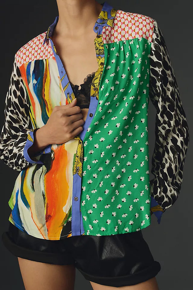 Print Lapel Long Sleeve Shirt Women's