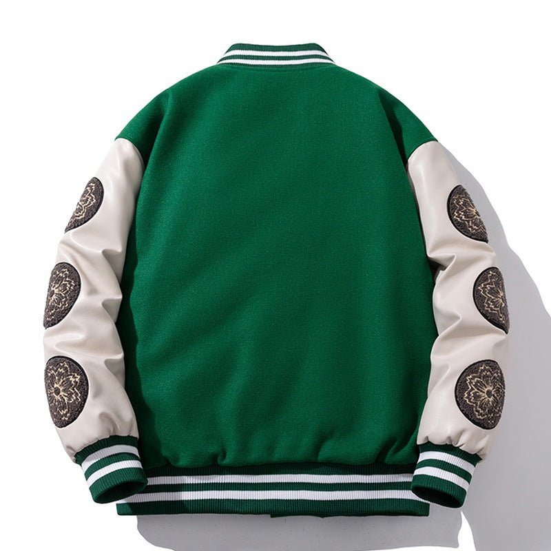 Woolen Baseball Uniform Loose Embroidered PU Coat