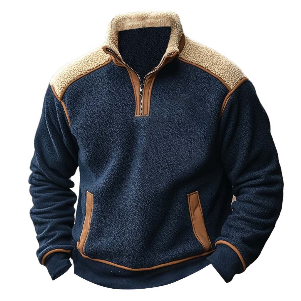 Color Stitching Stand-collar Lambswool Zipper Sweater