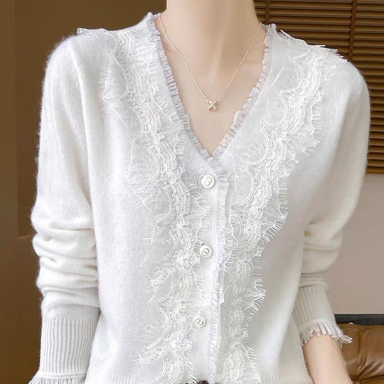 Autumn V-neck Lace Cardigan Women's Top