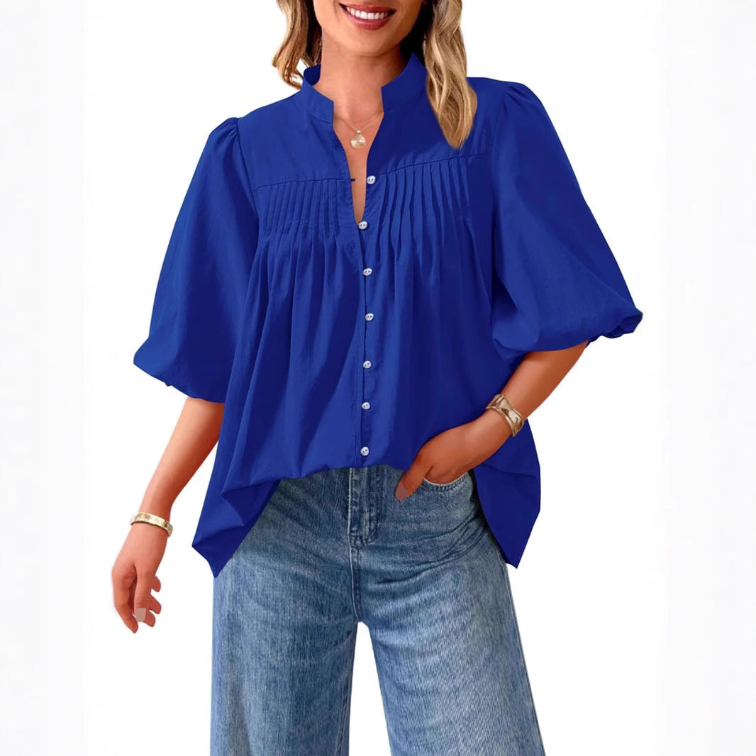 Loose Style Button Shirt Casual Pleated V-neck Shirt