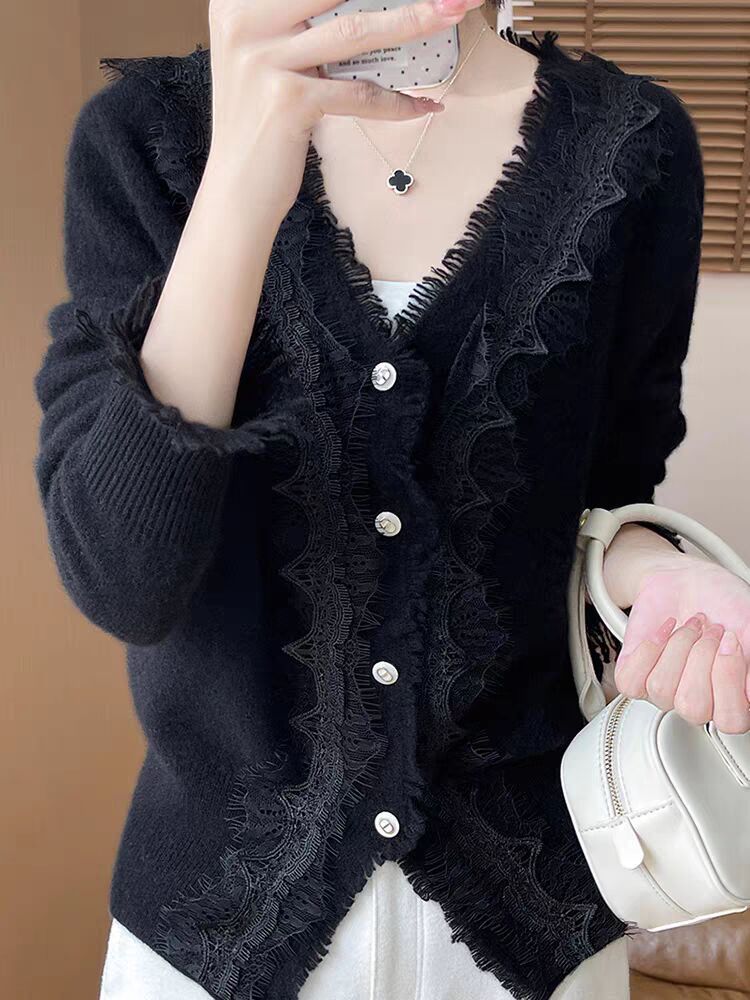 Autumn V-neck Lace Cardigan Women's Top