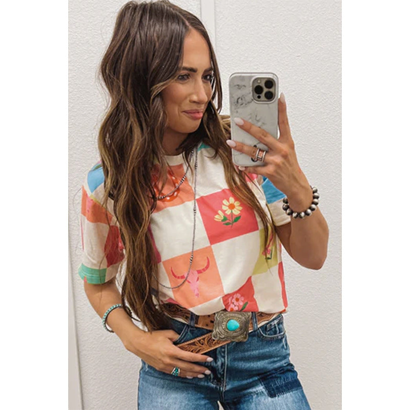 Color Contrast Printed Short-sleeved Top