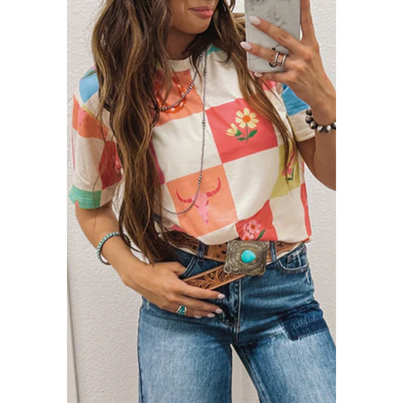 Color Contrast Printed Short-sleeved Top