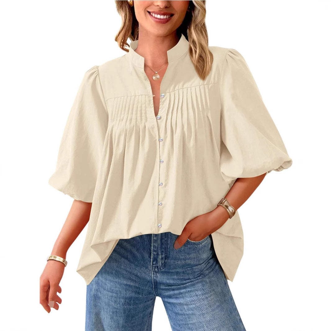 Loose Style Button Shirt Casual Pleated V-neck Shirt