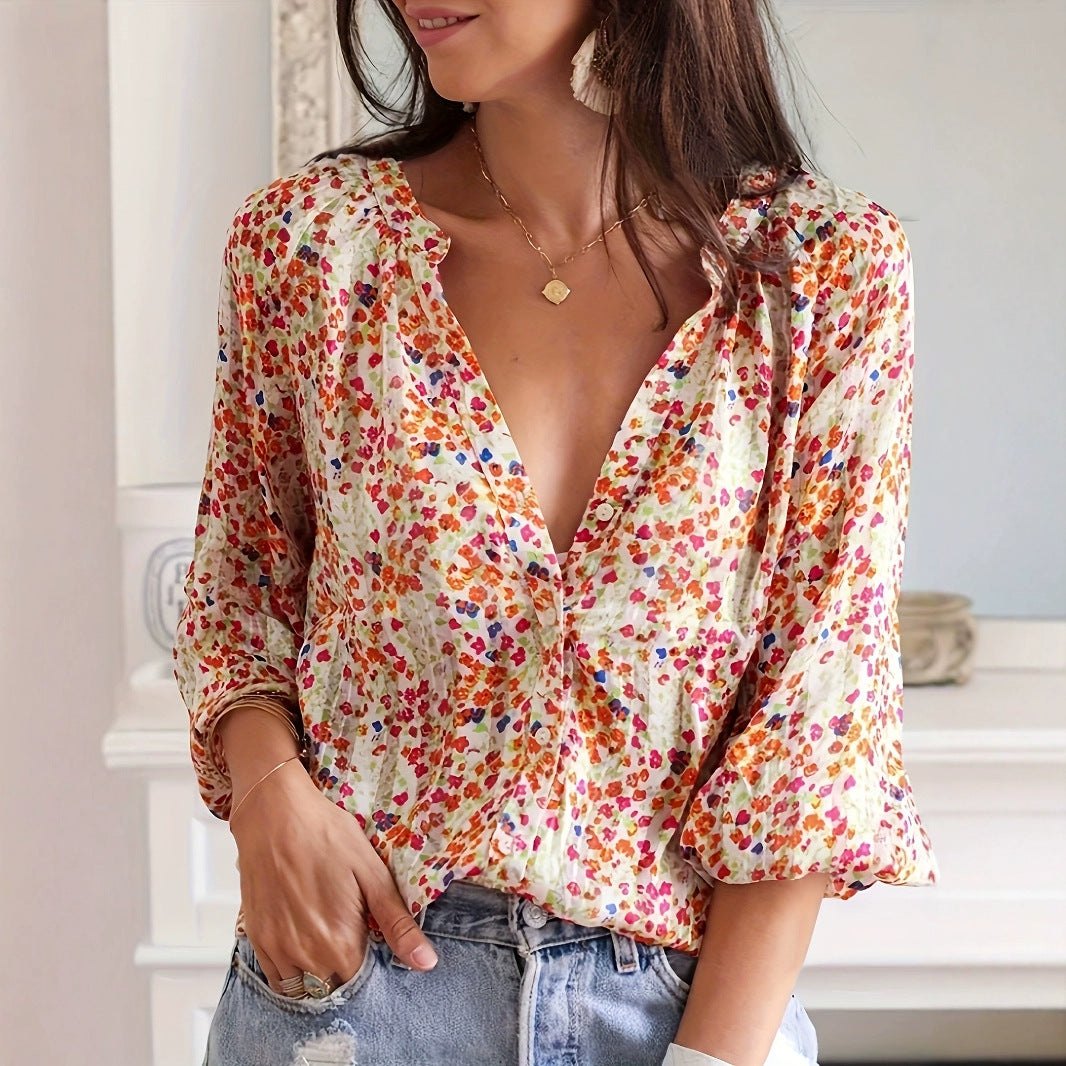 Women's Holiday Loose V-neck Lantern Sleeve Floral Print Shirt
