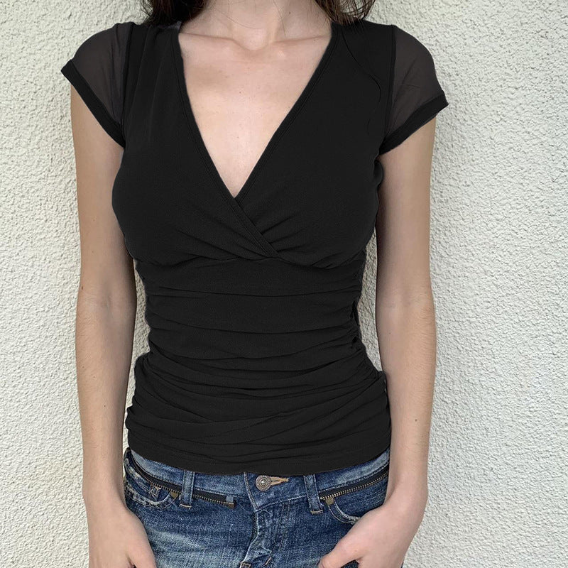 Deep V Design Small Pleated Pure Color Mesh Stitching Short Sleeve