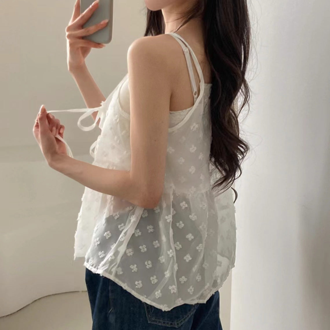 V-neck Lace-up Design Embroidery Jacquard All-match Bandage Dress Sling