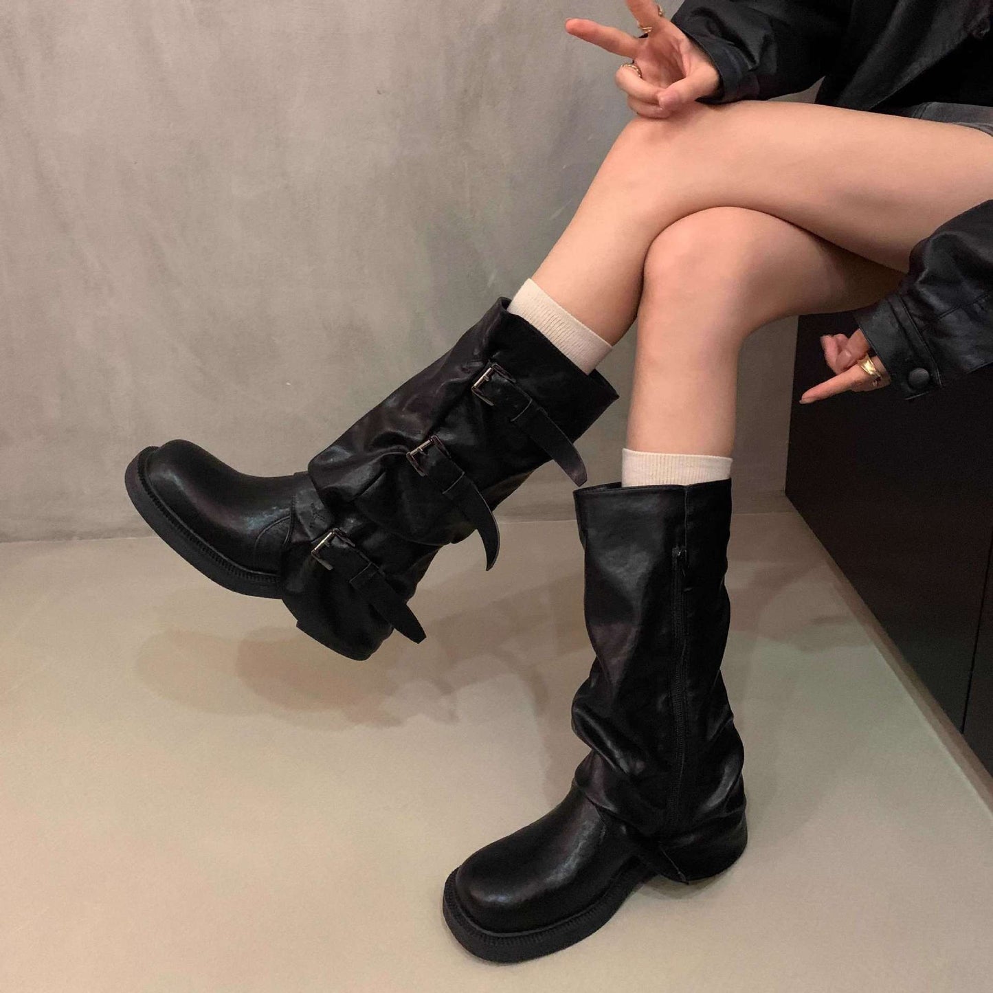 Niche Retro Chunky Heel Mid-high Tube Western Denim Pile Style Boots