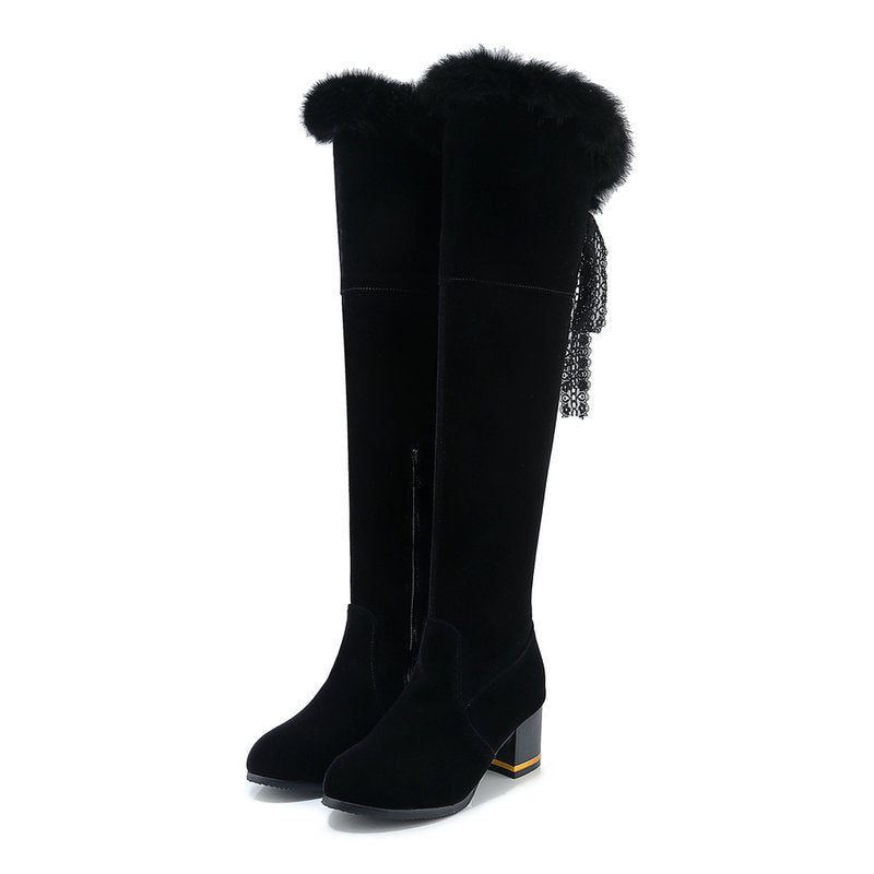 Round Head Chunky Heel Super High Heel Thick Fur Lining Autumn And Winter New Women's High Boots