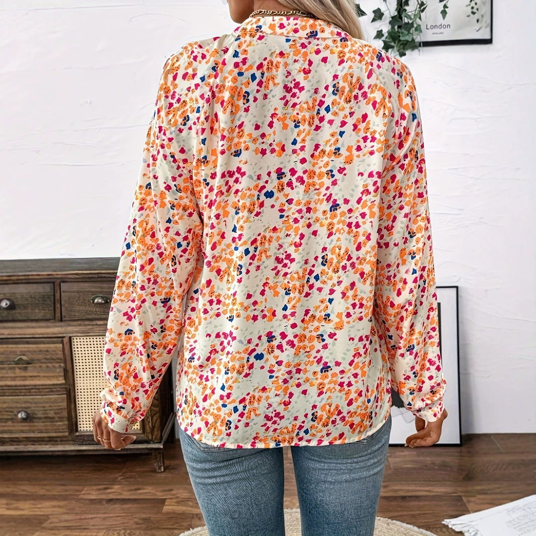 Women's Holiday Loose V-neck Lantern Sleeve Floral Print Shirt