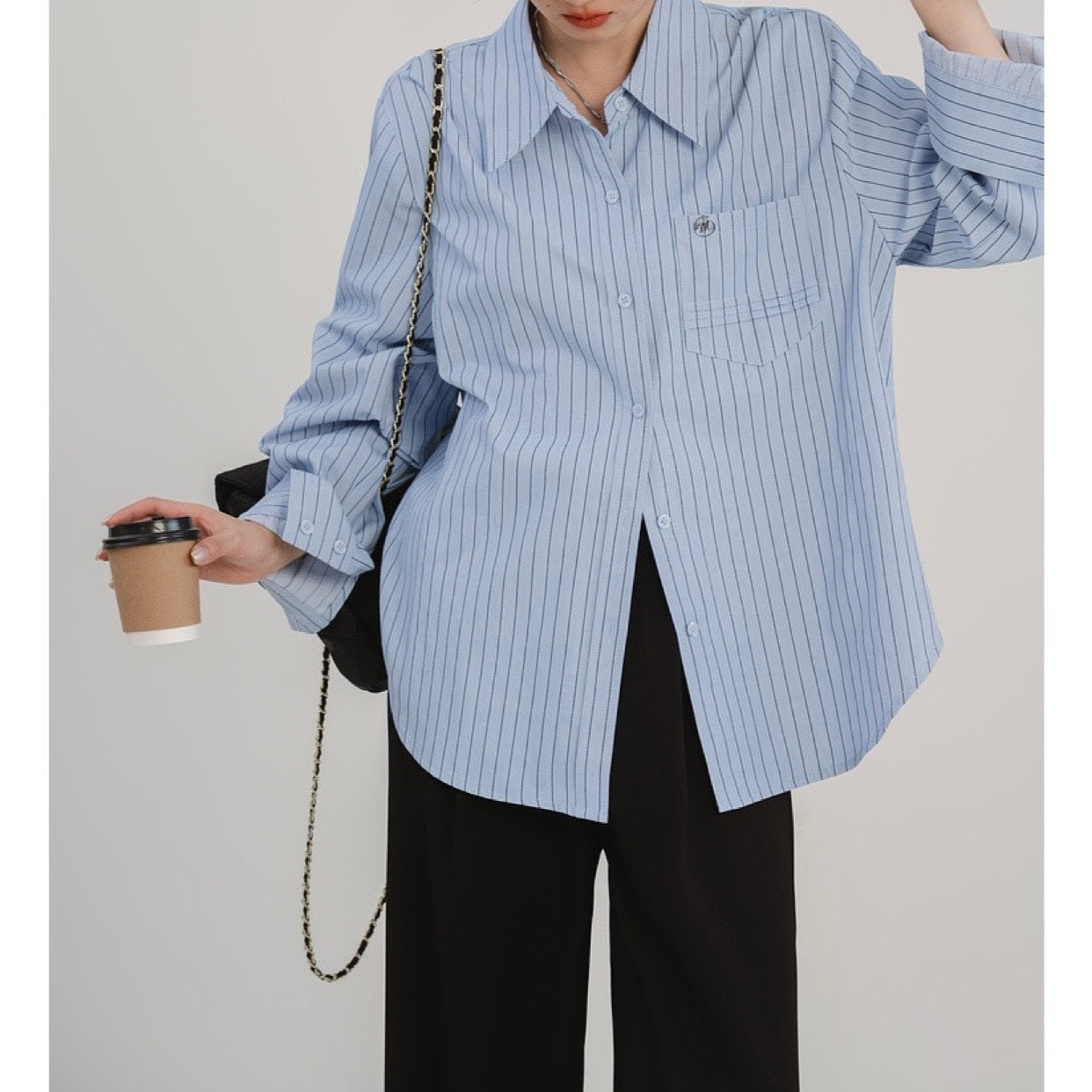 Blue Minimalist Preppy Shirt Women's Loose Slimming