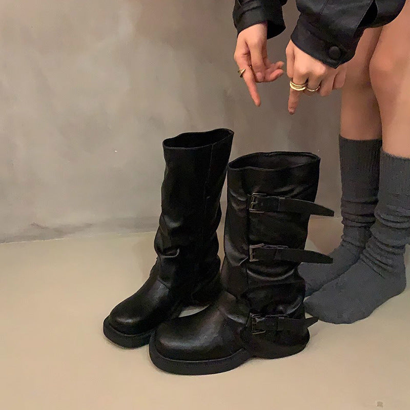 Niche Retro Chunky Heel Mid-high Tube Western Denim Pile Style Boots