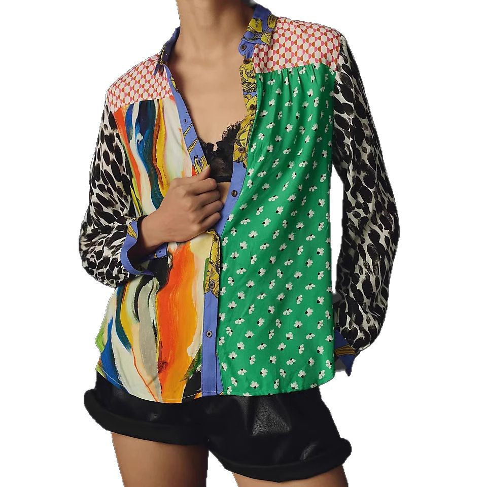 Print Lapel Long Sleeve Shirt Women's