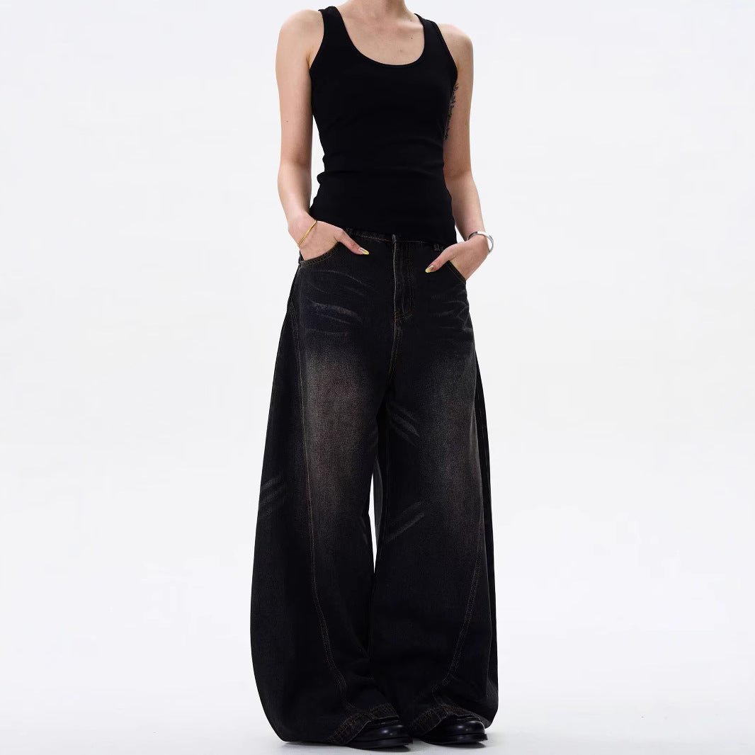 Retro Cat Beard Machete Jeans Women Loose Straight-leg Wide-leg