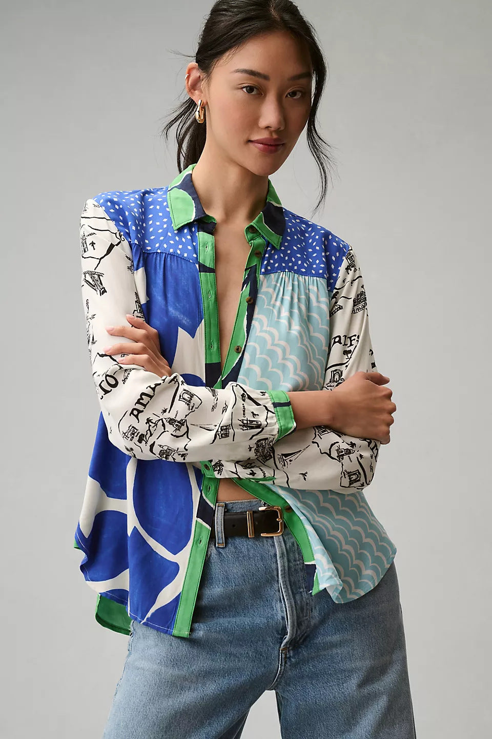 Print Lapel Long Sleeve Shirt Women's