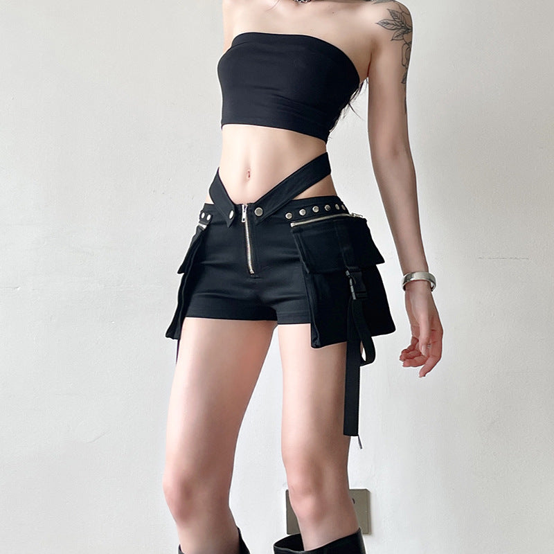 Design Pocket Stitching V-shaped Waist Of Trousers-head Hot Girl Ribbon INS Casual Shorts