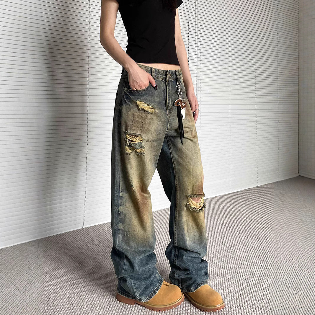 Niche Make Old Ripped Denim Fashion Brand Loose Straight Wide Leg Smart Trousers
