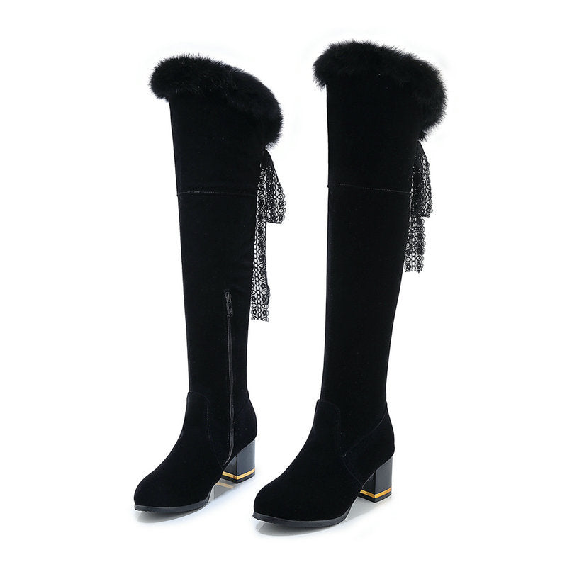 Round Head Chunky Heel Super High Heel Thick Fur Lining Autumn And Winter New Women's High Boots