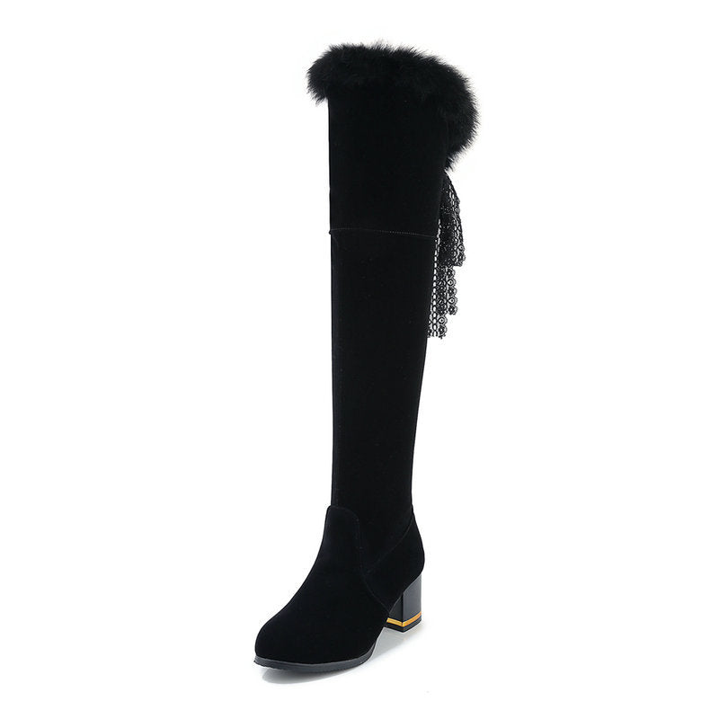 Round Head Chunky Heel Super High Heel Thick Fur Lining Autumn And Winter New Women's High Boots
