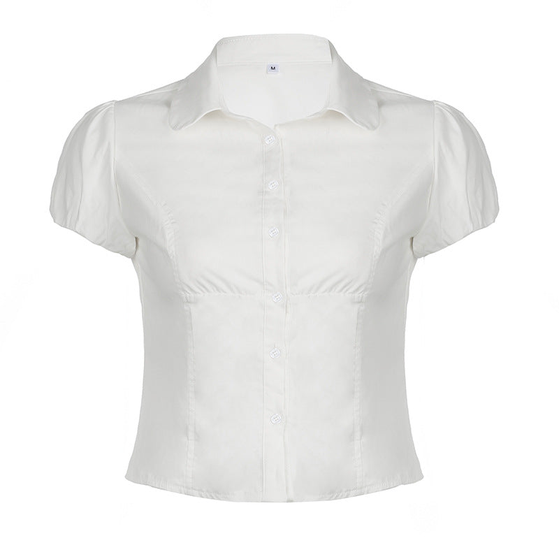 Solid Color Simple Waist Fitted Puff Sleeve Polo Shirt