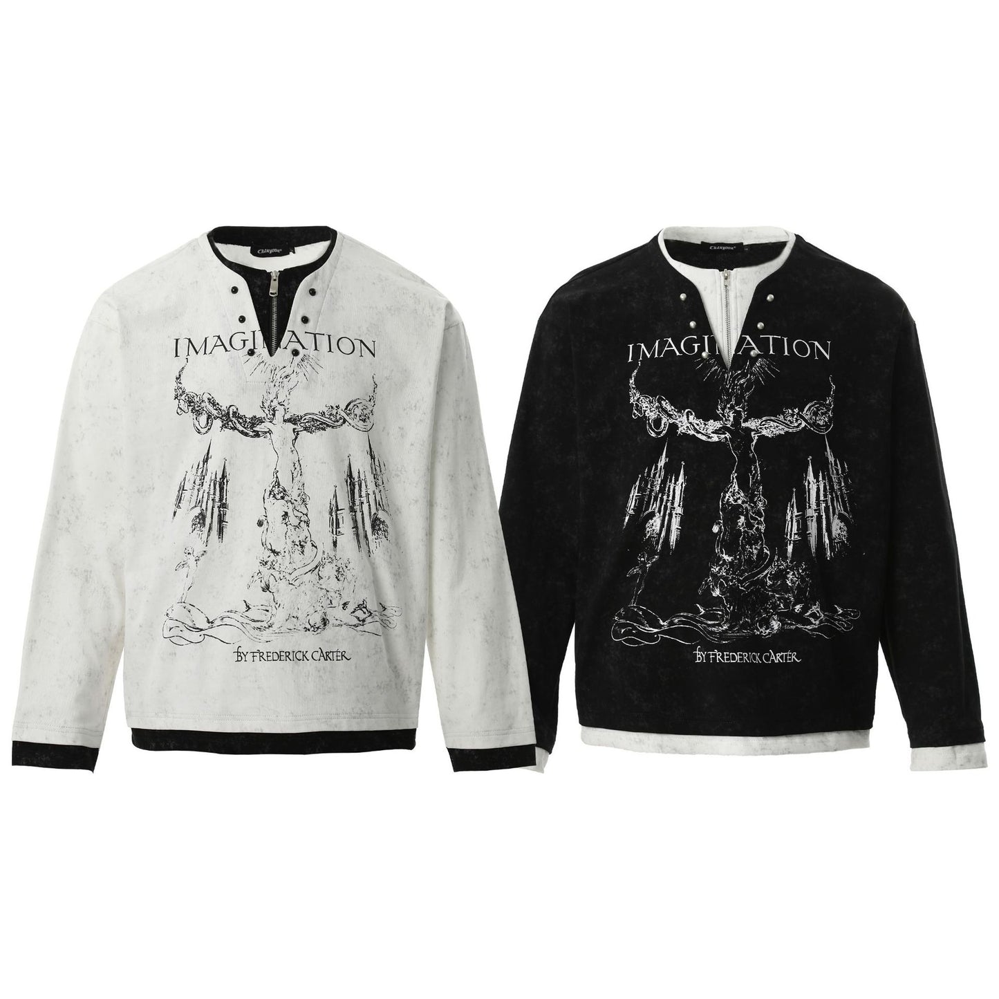 American Retro Punk Printed Pearl Buckle Fake Two-piece Long Sleeve