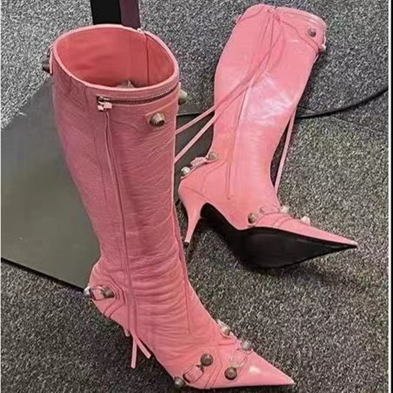 Stiletto Heel Pointed-toe Side Zip Metal Rivet Boots