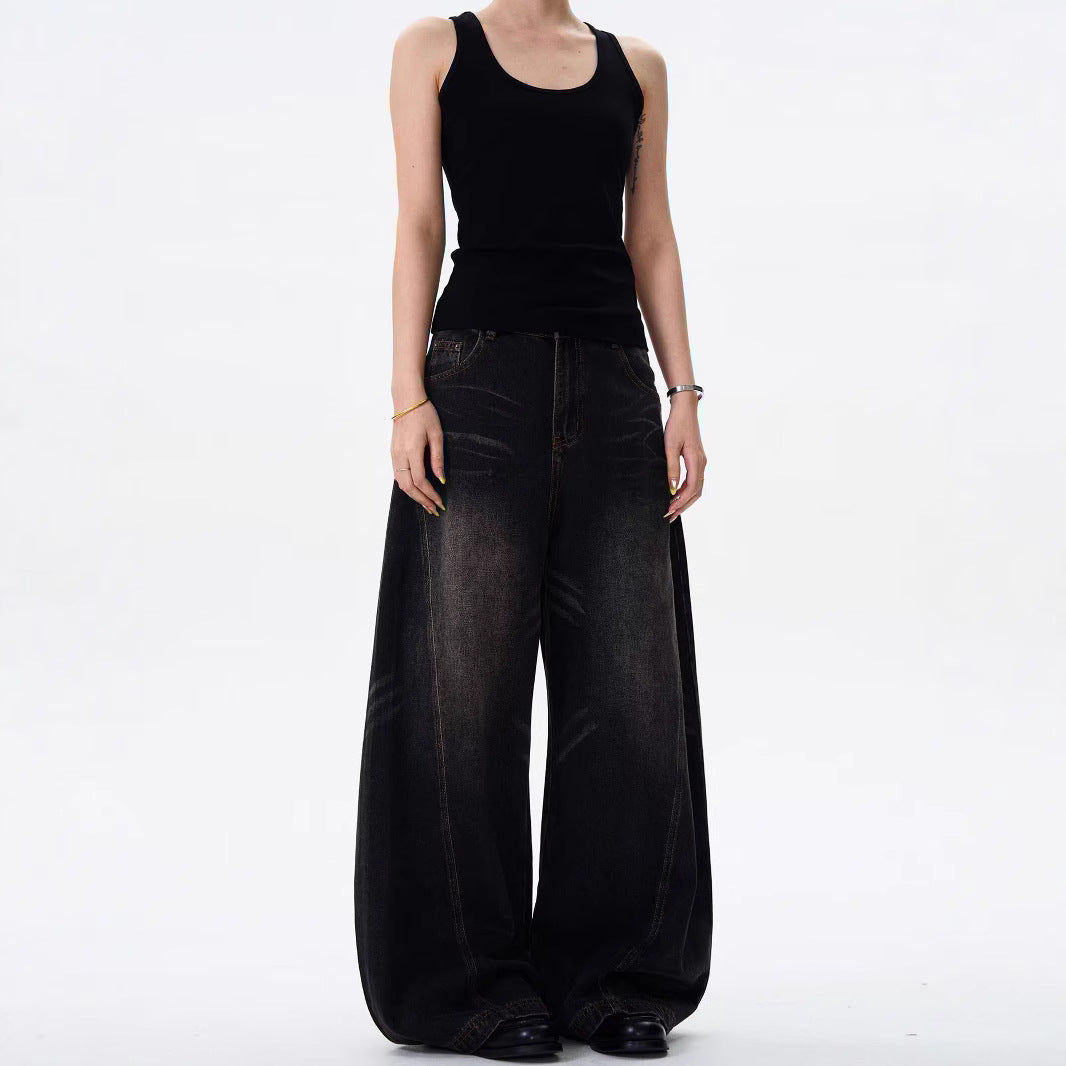 Retro Cat Beard Machete Jeans Women Loose Straight-leg Wide-leg