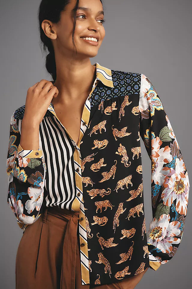 Print Lapel Long Sleeve Shirt Women's