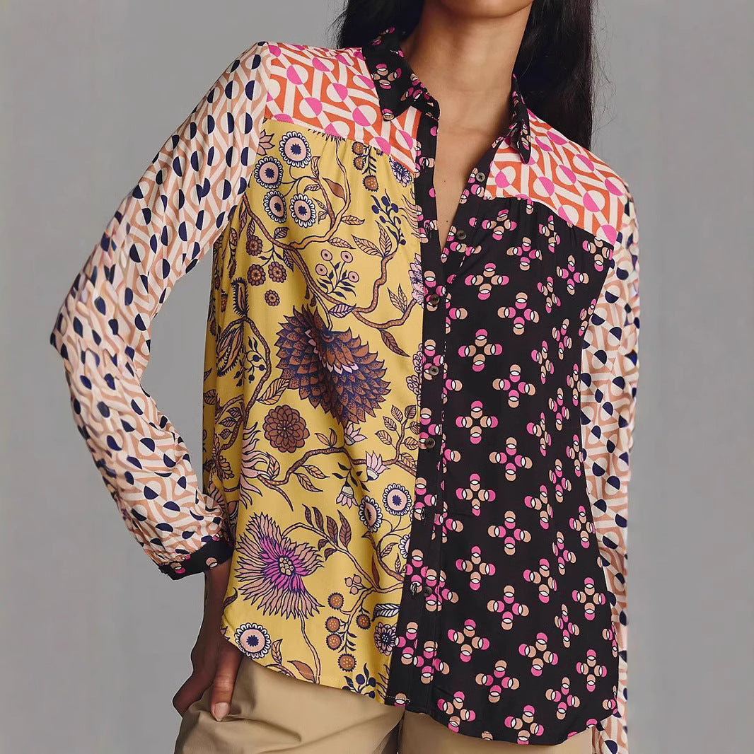 Print Lapel Long Sleeve Shirt Women's