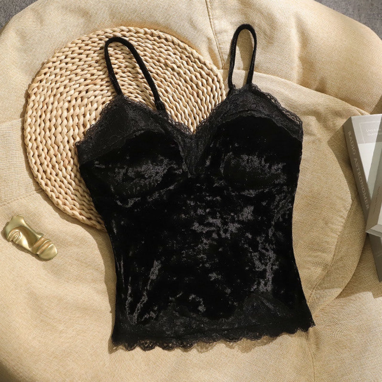 Gold Velvet Small Sling Vest Lace With Chest Pad Slimming Temperament Female