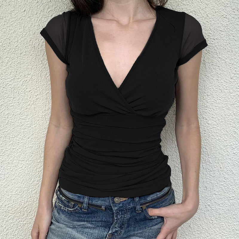 Deep V Design Small Pleated Pure Color Mesh Stitching Short Sleeve