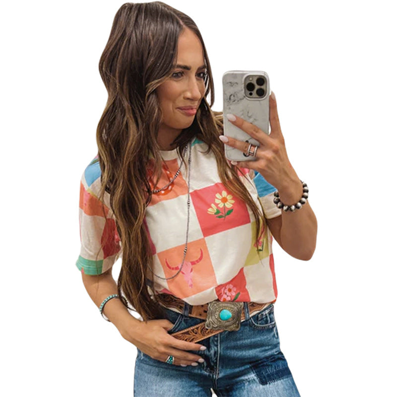 Color Contrast Printed Short-sleeved Top