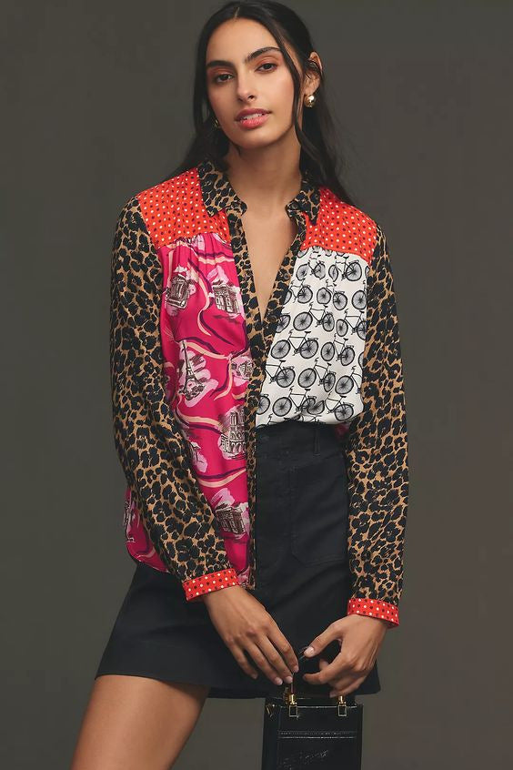 Print Lapel Long Sleeve Shirt Women's