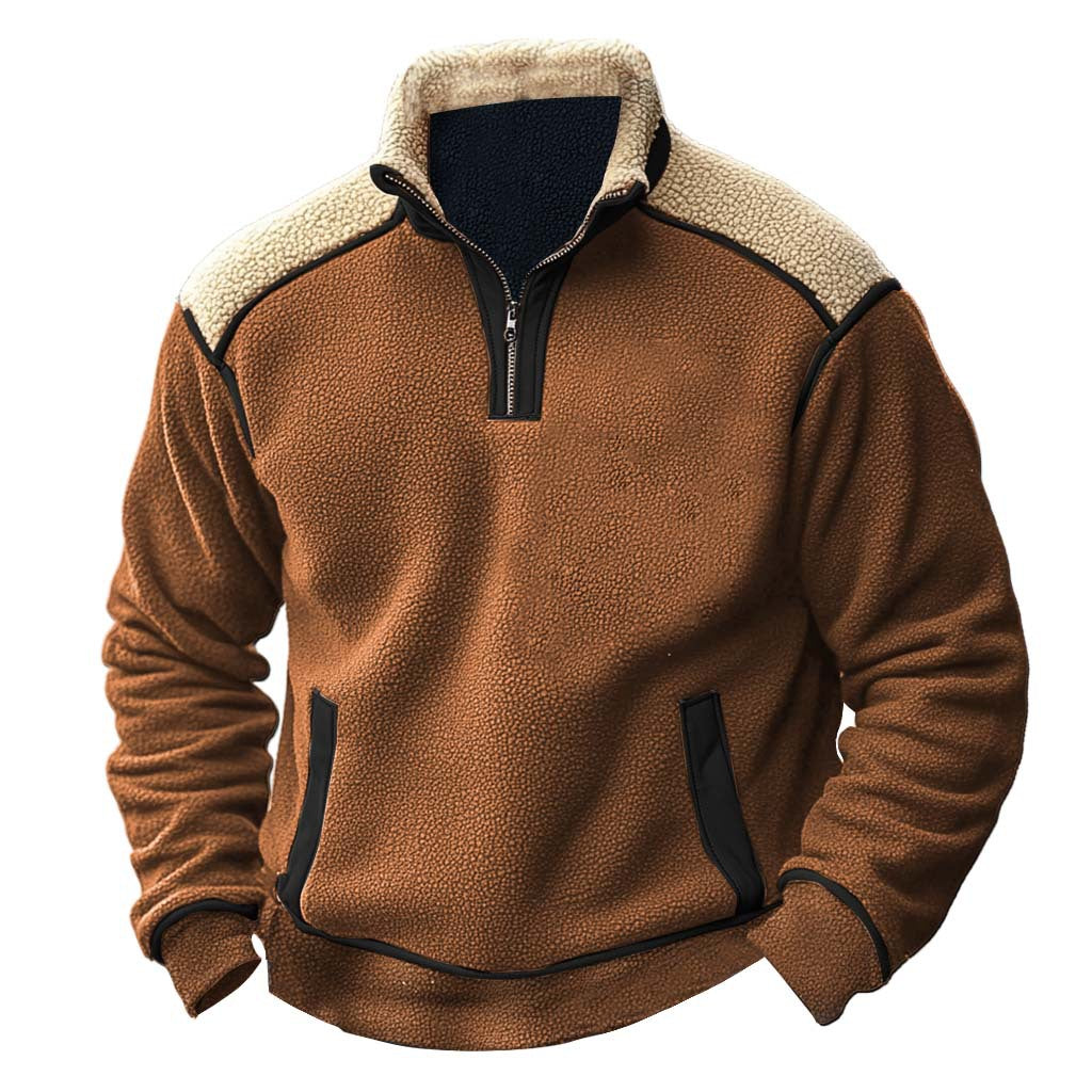 Color Stitching Stand-collar Lambswool Zipper Sweater