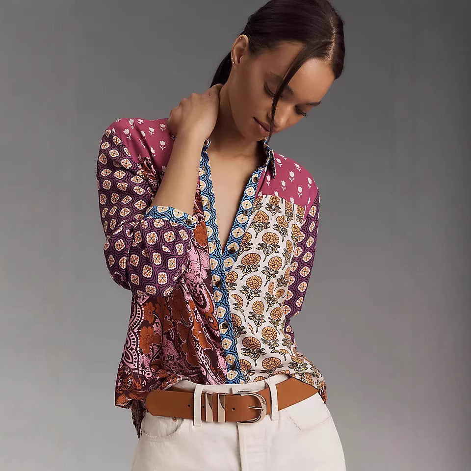 Print Lapel Long Sleeve Shirt Women's