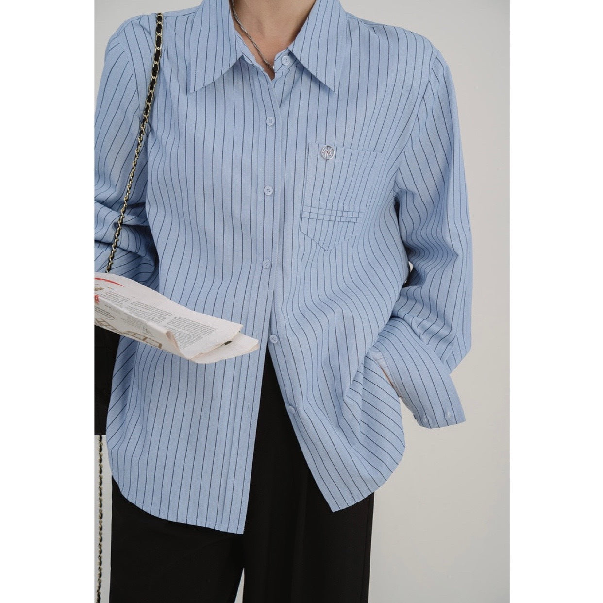 Blue Minimalist Preppy Shirt Women's Loose Slimming