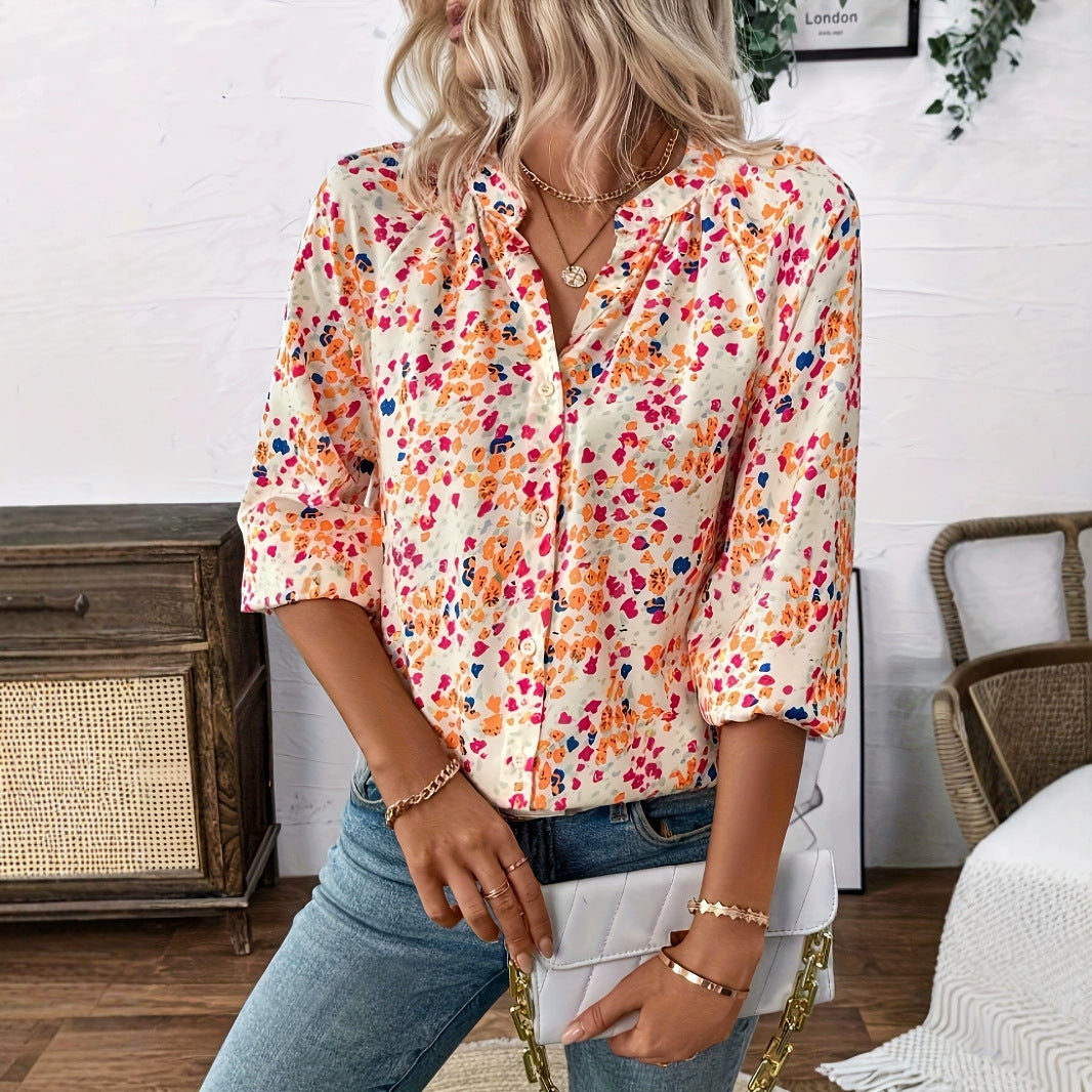 Women's Holiday Loose V-neck Lantern Sleeve Floral Print Shirt