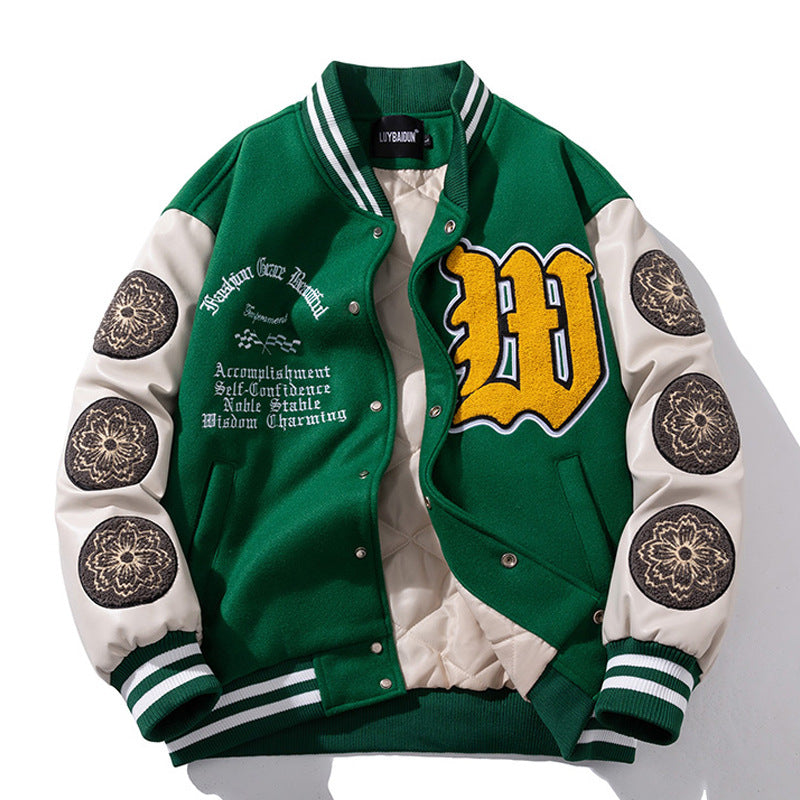 Woolen Baseball Uniform Loose Embroidered PU Coat