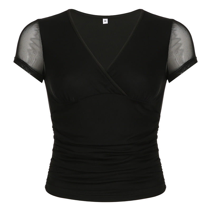 Deep V Design Small Pleated Pure Color Mesh Stitching Short Sleeve