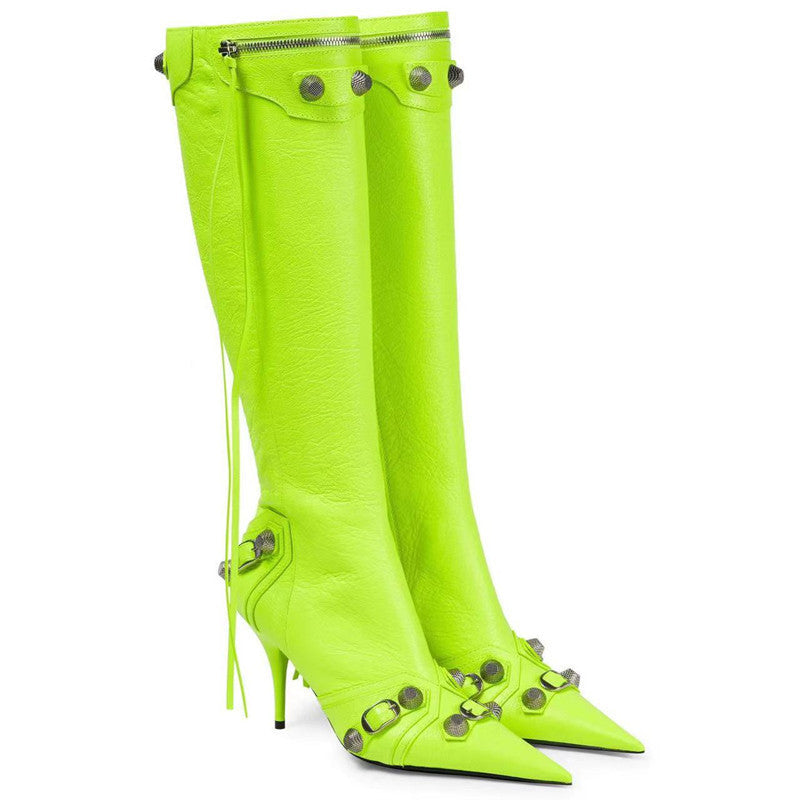 Stiletto Heel Pointed-toe Side Zip Metal Rivet Boots